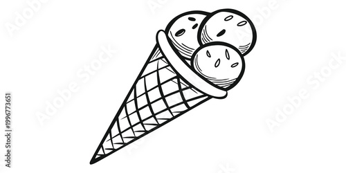 Quadro em tela Three scoops of ice cream in a waffle cone line art illustration with illustrati