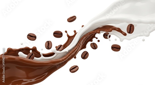 Aliran diagonal cairan kopi gelap dan susu bertabrakan dengan biji kopi yang melambangkan dinamika perpaduan rasa dalam minuman modern