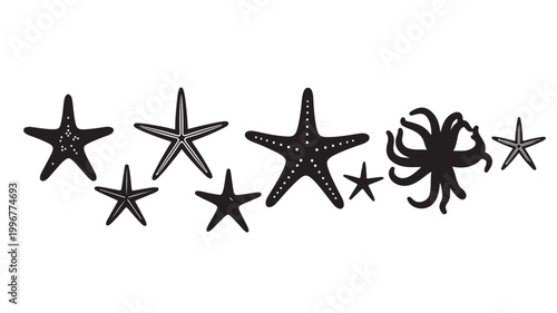 Black starfish silhouettes collection, nautical sea star vector set, minimalist marine life icons, aquatic ocean animal illustrations for summer beach decor