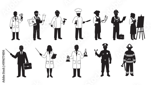 Professional worker silhouette icons, diverse career and occupation character set, 12 black and white vector people in uniform for business and industry