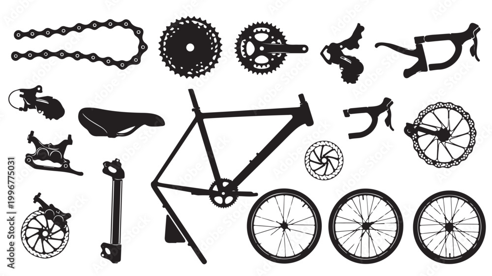 Fototapeta premium Bicycle parts silhouette collection, road bike components and spare gear icons, black vector set of cycling equipment for repair shop