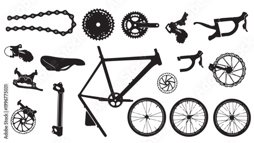 Bicycle parts silhouette collection, road bike components and spare gear icons, black vector set of cycling equipment for repair shop