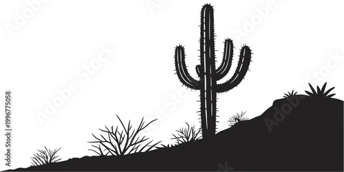 Foto Desert scene featuring a saguaro cactus and scrub brush landscape silhouette out