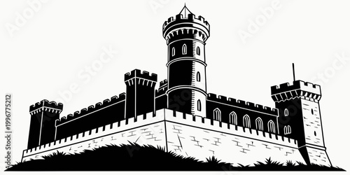 Foto Classic medieval stone fortress with high central tower and battlements black an