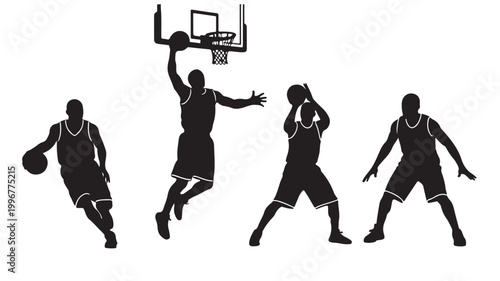Basketball player silhouettes set, athletic men playing basketball with ball and hoop, black vector sports figures in action poses