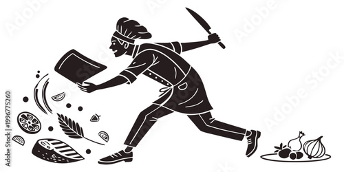 Fotografi Dynamic silhouette of a chef running and jumping with a knife and cutting board