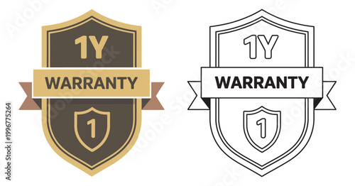 1 Year Warranty Badge gold shield icon and outline emblem design for guarantee, quality assurance label, premium certification branding, clean professional vector illustration.