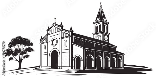 Konstfotografi Detailed silhouette graphic of church with bell tower and tree building architec