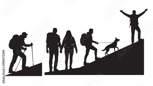 Hiking silhouette vector set, active people trekking with backpacks and dog, mountain climbers and travelers exploring nature outdoors