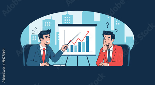 Angry manager pointing at a rising business chart on a presentation board while a confused colleague looks on in a city office.