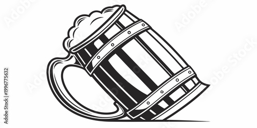 Quadro su tela Wooden beer mug with foam illustration beverage illustration monochrome isolated