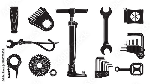 Bicycle repair tool set icons, black silhouette bike maintenance equipment, professional cycling mechanic gear collection, 11 vector elements