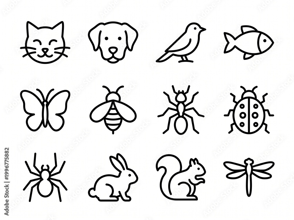 Fototapeta premium Black and white line art icons depicting common animals and insects. Vector isolated on white