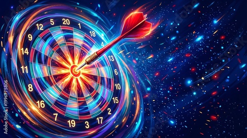 A dart striking the bullseye of a colorful swirling dartboard with fiery energy and cosmic background effects