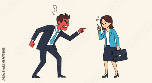 Aggressive boss shouting and pointing at a stressed female employee holding a briefcase in a workplace conflict scenario.