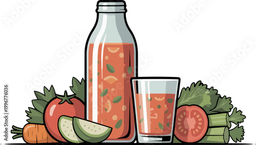 Healthy Vegetable Juice in Bottle and Glass with Tomato and Carrot Illustration