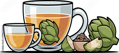 Healthy Artichoke Tea with Glass Cup and Herb Bowl