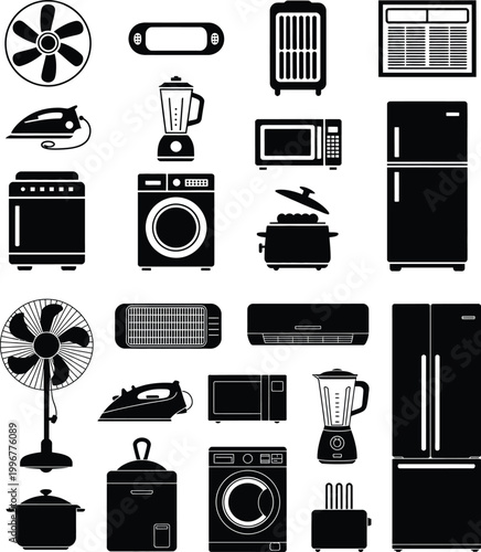 Modern household appliances and kitchen equipment icons with appliances microwave electronics