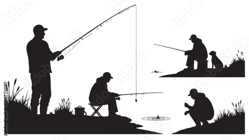 Fisherman silhouette vector set, men fishing with rods on lake shore, outdoor hobby and angling sport collection, black and white nature silhouettes