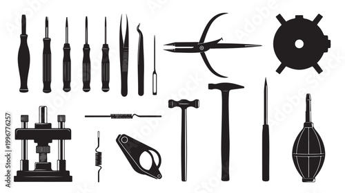 Watchmaker repair tools silhouette set, professional horology equipment icons, watch maintenance and jewelry craft instrument vector collection