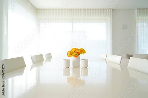 Modern minimalist dining area with white table, elegant decor, natural light, clean interior, bright organized space, stylish contemporary home design with cozy inviting atmosphere.
