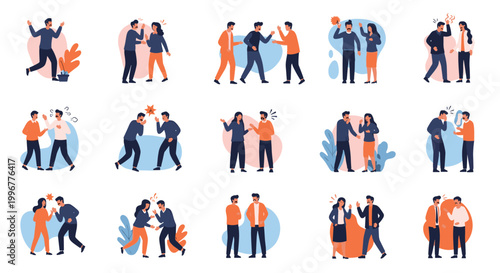 Collection of illustrations showing people in various states of conflict including arguing, fighting, and shouting at each other.