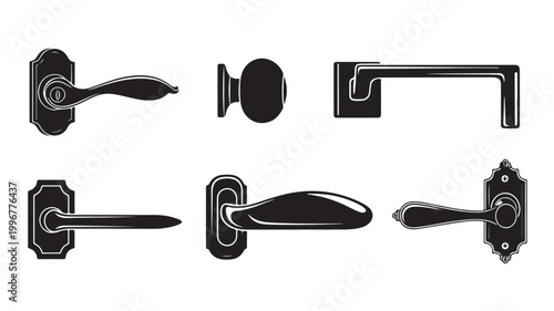 Vintage door handle set, antique metal doorknob silhouettes, 6 black hardware icons for interior design and architectural renovation