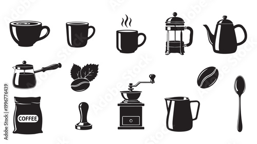 Vintage coffee icons set, black silhouette cafe equipment vectors, barista tools and brewing accessories for restaurant menu design
