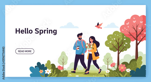 Happy couple walking through a blooming spring park with flowers and birds to celebrate the arrival of the new season.