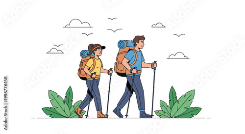 Adventurous couple hiking through a natural landscape with large backpacks and trekking poles under a cloudy sky.