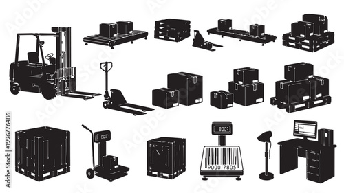 Industrial warehouse equipment silhouettes, logistics and shipping icons set, forklift and pallet jack vector illustrations, delivery boxes and scales