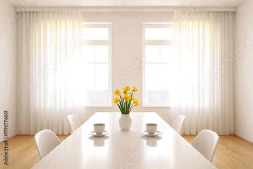 Modern minimalist dining area with white table, elegant decor, natural light, clean interior, bright organized space, stylish contemporary home design with cozy inviting atmosphere.