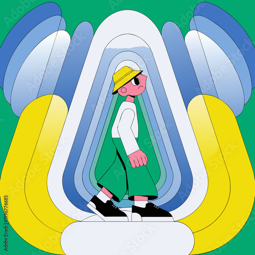 The person wearing a yellow hat walks through a colorful tunnel vision illustration.