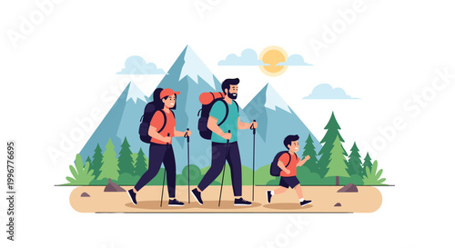 Active family including parents and a young child hiking through a scenic mountain landscape with pine trees and a bright sun.