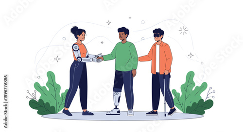 Group of diverse people with physical disabilities including a prosthetic leg, a robotic arm, and visual impairment standing together.