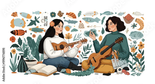 Two women playing guitars surrounded by sea creatures and plants.