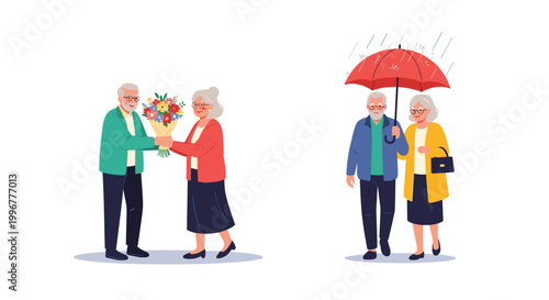 Heartwarming scenes of an elderly couple sharing a bouquet of flowers and walking together under a red umbrella in the rain.
