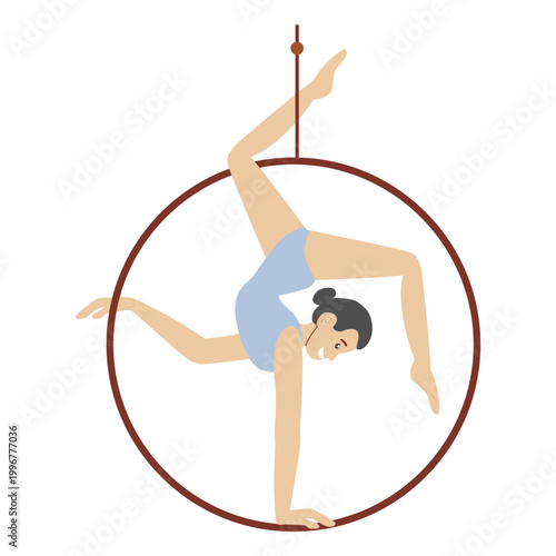 Friendly circus gymnast character hanging and balancing on a suspended metal hoop. Young woman performer in a light blue leotard on a plain white background. Flat vector illustration suitable for kids