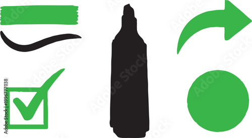 Office Stationery and Marker Silhouette Icon Set with Green Elements