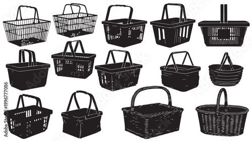 Black shopping basket vector set, retail grocery store equipment icons, 14 plastic and wire market baskets, commercial e-commerce shopping cart elements