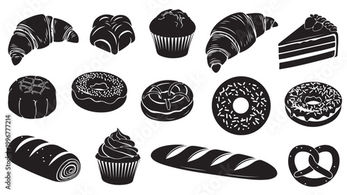 Bakery product silhouettes vector set, black bread and pastry icons, collection of 14 dessert and breakfast food elements for cafe menus