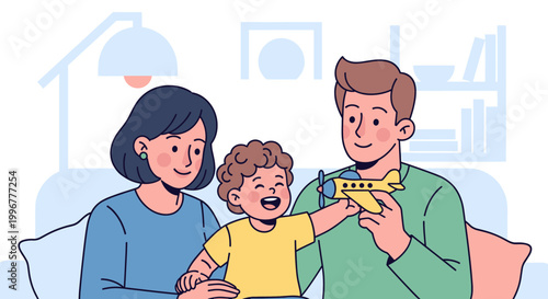 Billede på lærred A happy family, a mother, father, and son, enjoying playtime with a toy airplane indoors