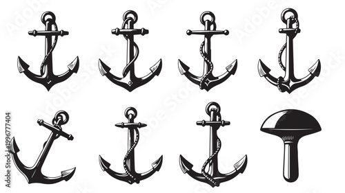 Vintage nautical anchor vector set, black and white maritime ship anchors with rope, 8 marine equipment icons for seafaring logo design