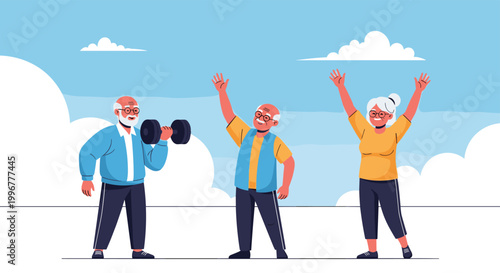 Group of active senior citizens exercising outdoors with one man lifting a dumbbell and others stretching under a blue sky.