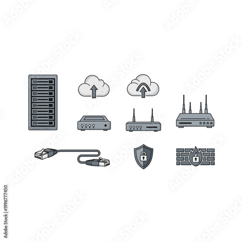 Set of network infrastructure and cloud computing security icons with security