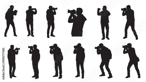 Professional photographer silhouettes set, 12 vector icons of cameramen taking photos, male photography hobbyist and journalist figures in various poses