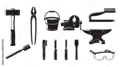 Vintage blacksmith tools collection, 11 industrial metalwork icons, black and white forge equipment vector, anvil and hammer workshop set