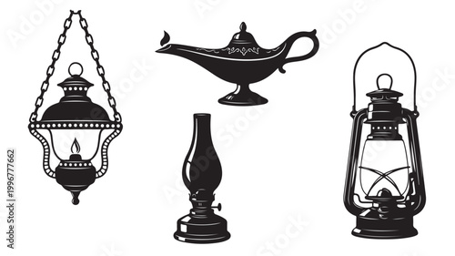 Vintage oil lamp collection, antique lantern vector set with kerosene lamp and magic genie lamp, black and white lighting equipment icons