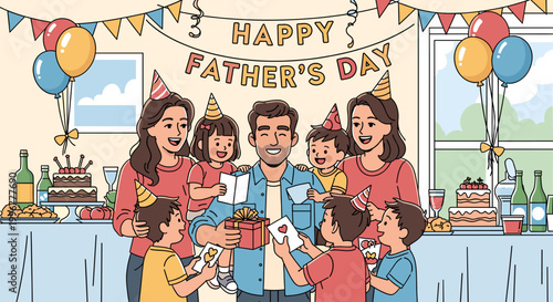 A happy father is surrounded by his loving family, including his wife and five children, as they celebrate Father's Day with gifts and decorations.