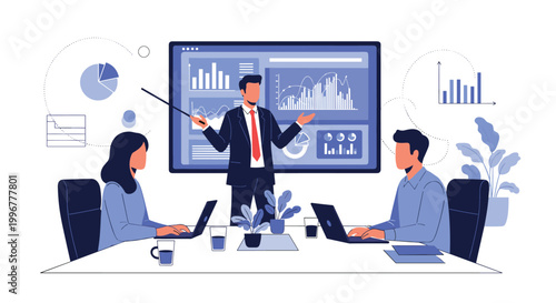 Business executive presenting complex data analytics and growth charts on a large digital screen to his attentive colleagues.